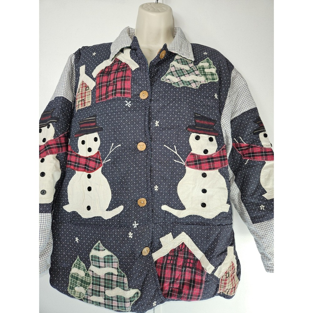 Vintage Patch Magic SZ S Handmade Quilted Reversible Jacket Snowman Houses Artsy - Picture 2 of 10